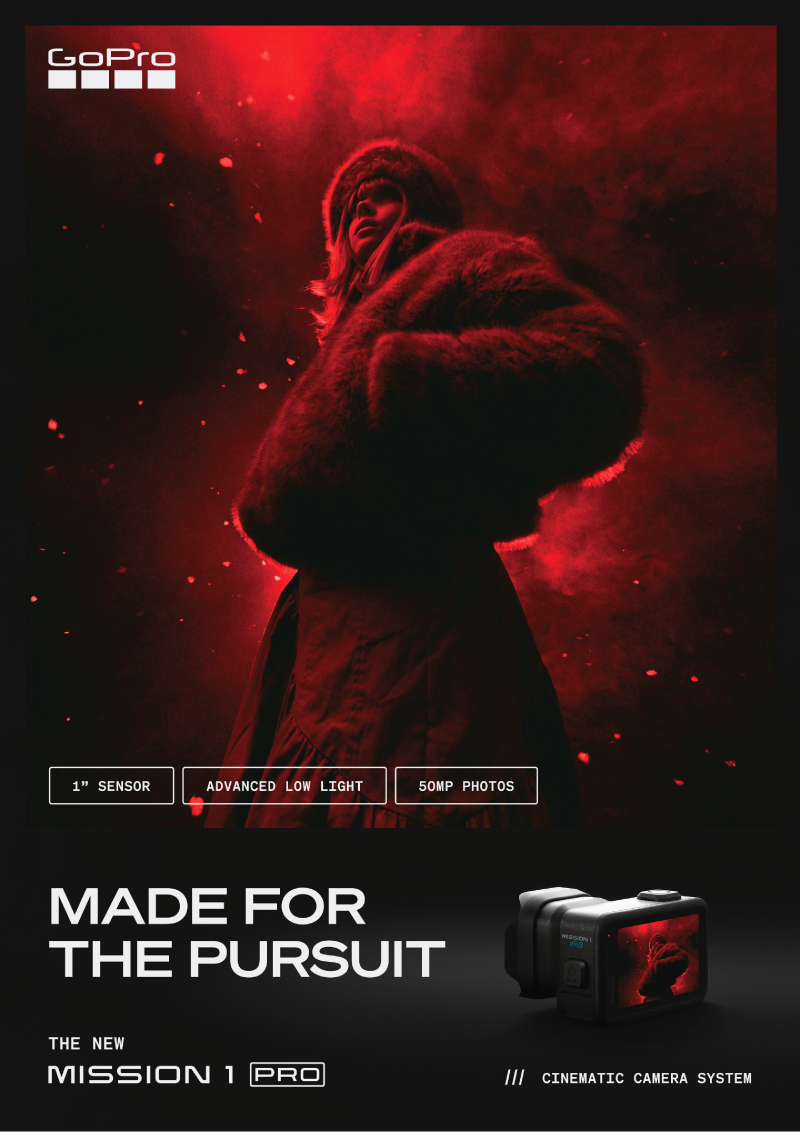 A promotional poster for the GoPro Mission 1 Pro camera features a woman dressed in a fur coat and hat standing against a red smoky background. The poster highlights the camera's advanced low light capabilities, 50MP photos, and 1" sensor, with the tagline "Made for the Pursuit."
