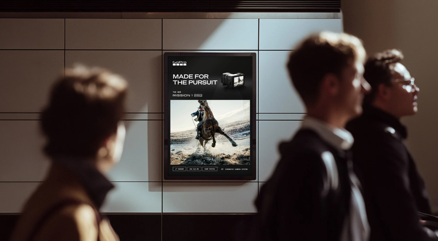 Digital advertisement for GoPro cameras showing a person riding a horse on a beach with the text 'Made for the Pursuit' and an image of a GoPro camera.