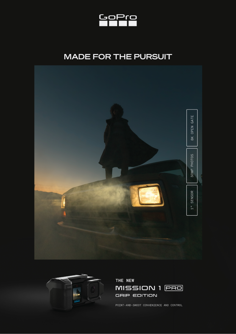 GoPro advertisement featuring a silhouetted person standing atop a car during sunset, with the tagline "Made for the Pursuit" and model "Mission 1 Pro Grip Edition" camera at the bottom.