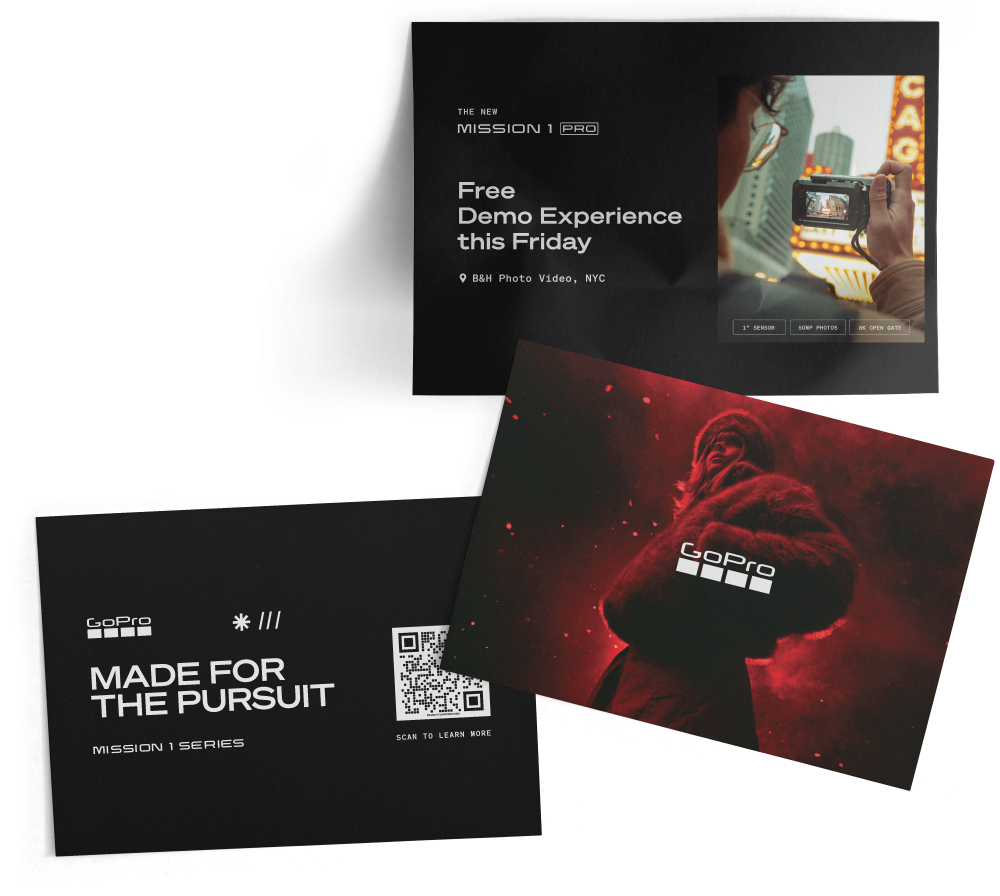 Collection of GoPro promotional materials, including a flyer for a free demo experience at B&H Photo Video in NYC, featuring a person taking a photo of a city scene with a GoPro camera, and another flyer highlighting the GoPro Mission 1 Series with the slogan 'Made for the Pursuit' and a QR code.
