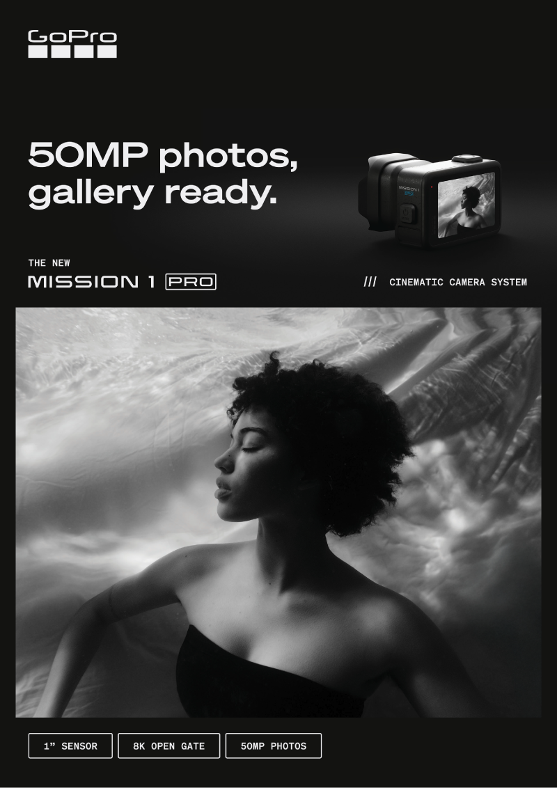 Advertisement for GoPro Mission 1 Pro camera, highlighting 50MP photos, gallery readiness, cinematic system, with a black and white photo of a woman with curly hair in a calm pose.