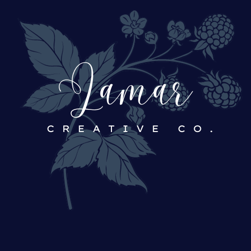 Lamar Creative Co. logo that is navy with a lightblue blackberry centered.