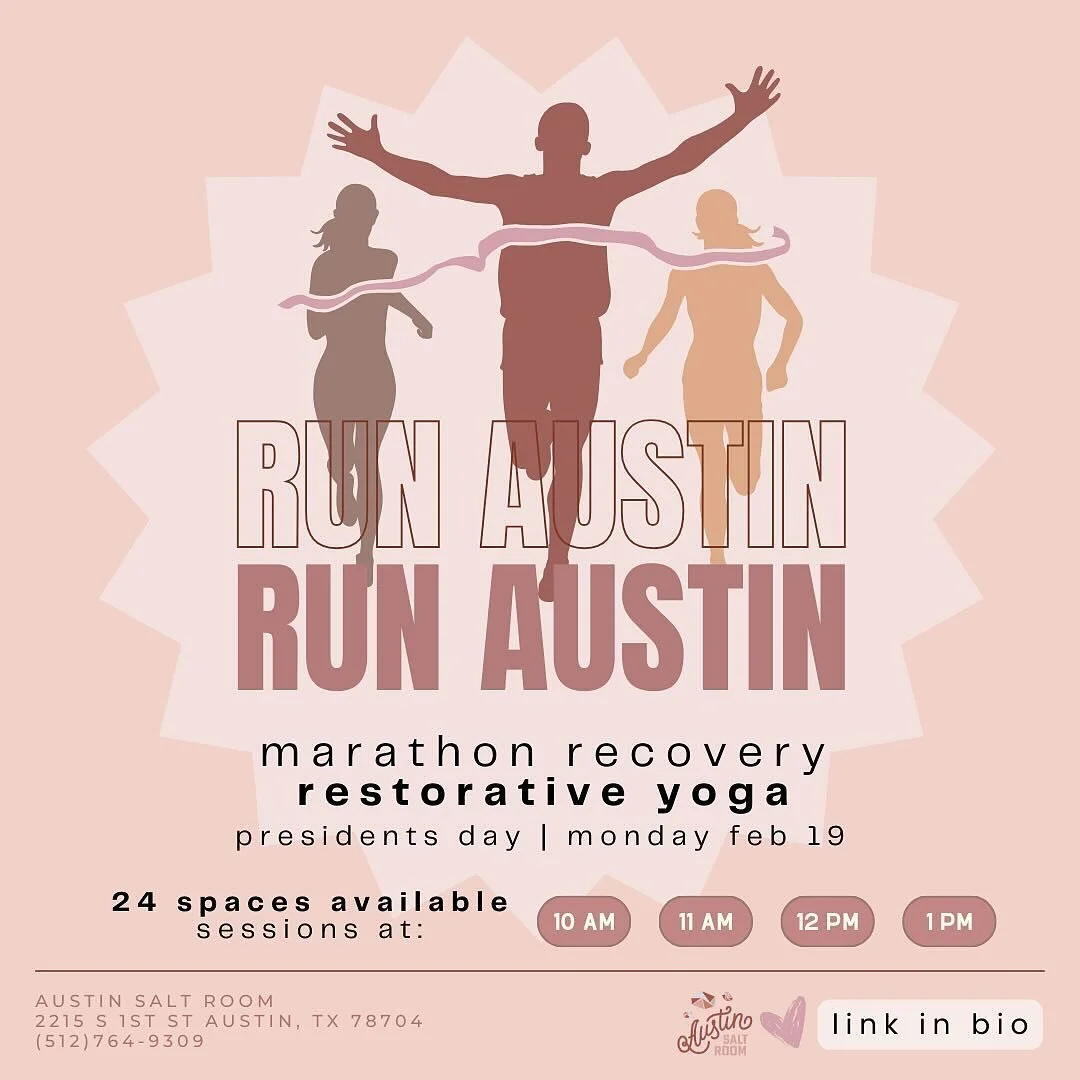 THRILLED to partner with the amazing @ciarabarth and @austinsaltroom to bring you post @austinmarathon RESTORATIVE YOGA in the salt room. Get the benefits of a juicy stretch paired with the healing powers of salt therapy. Open to all but tailored to 
