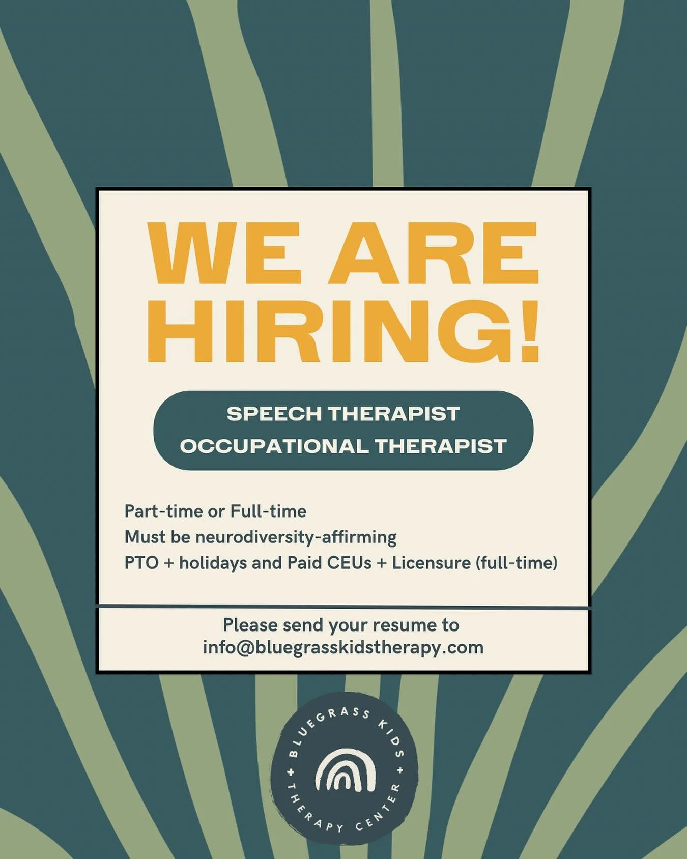 We&rsquo;re ready to grow! Please send resumes to info@bluegrasskidstherapy.com. We are unable to accept applications from SLPAs or COTAs at this time!
