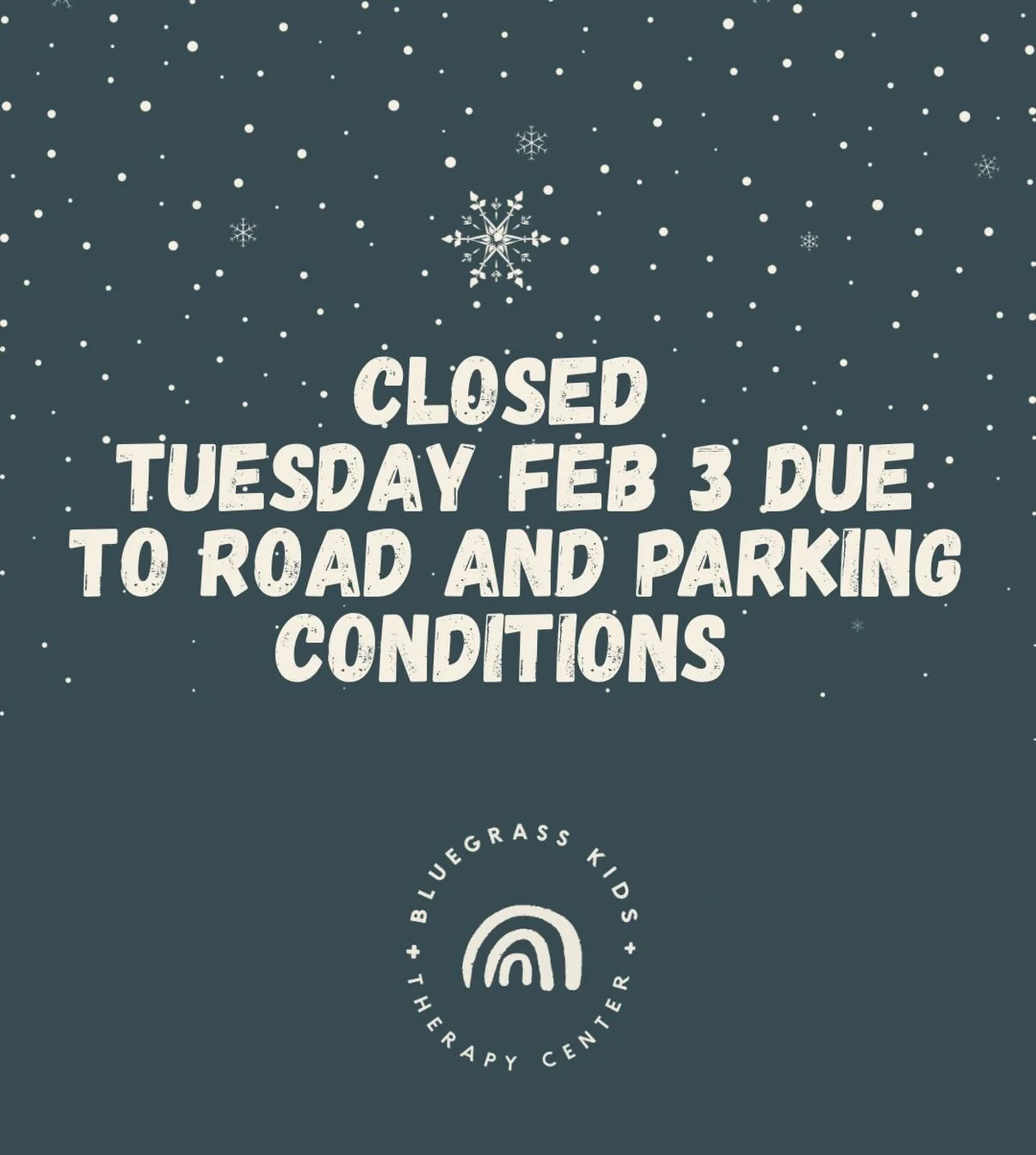 Another Snow Day! Due to road and parking conditions, we will be closed again Tuesday Feb 3rd! ❄️