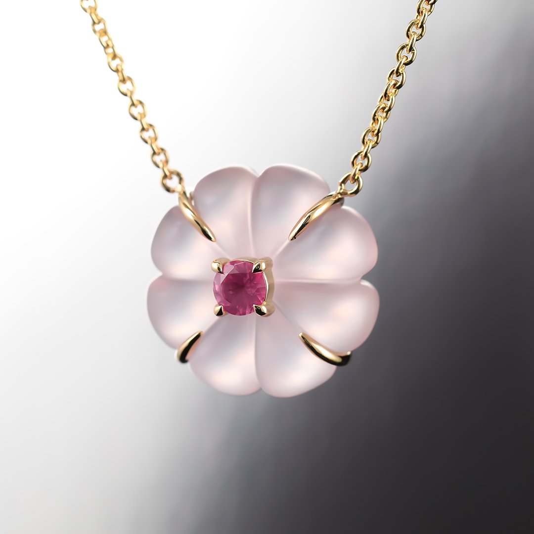 Bespoke Gems - Rose Quartz with 18K Yellow Gold - Flower From Heaven Pendant by Doug Menadue