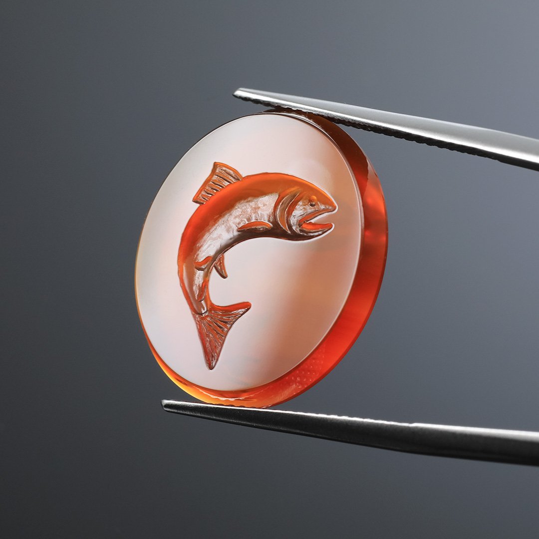Carnelian - Reverse Intaglio Oval - Trout - 10.79ct
