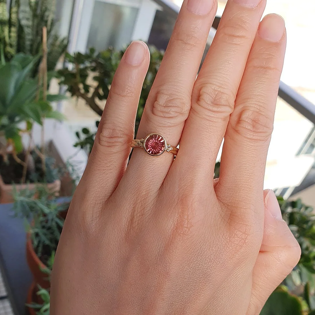 Bespoke Gems - Pink Tourmaline with 18K Yellow Gold - Chrysanthemum Ring by Doug Menadue
