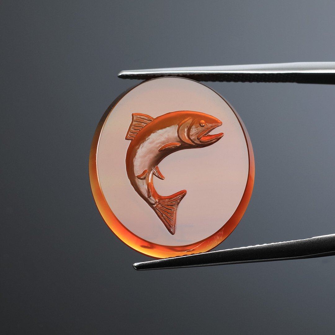 Carnelian - Reverse Intaglio Oval - Trout - 10.79ct