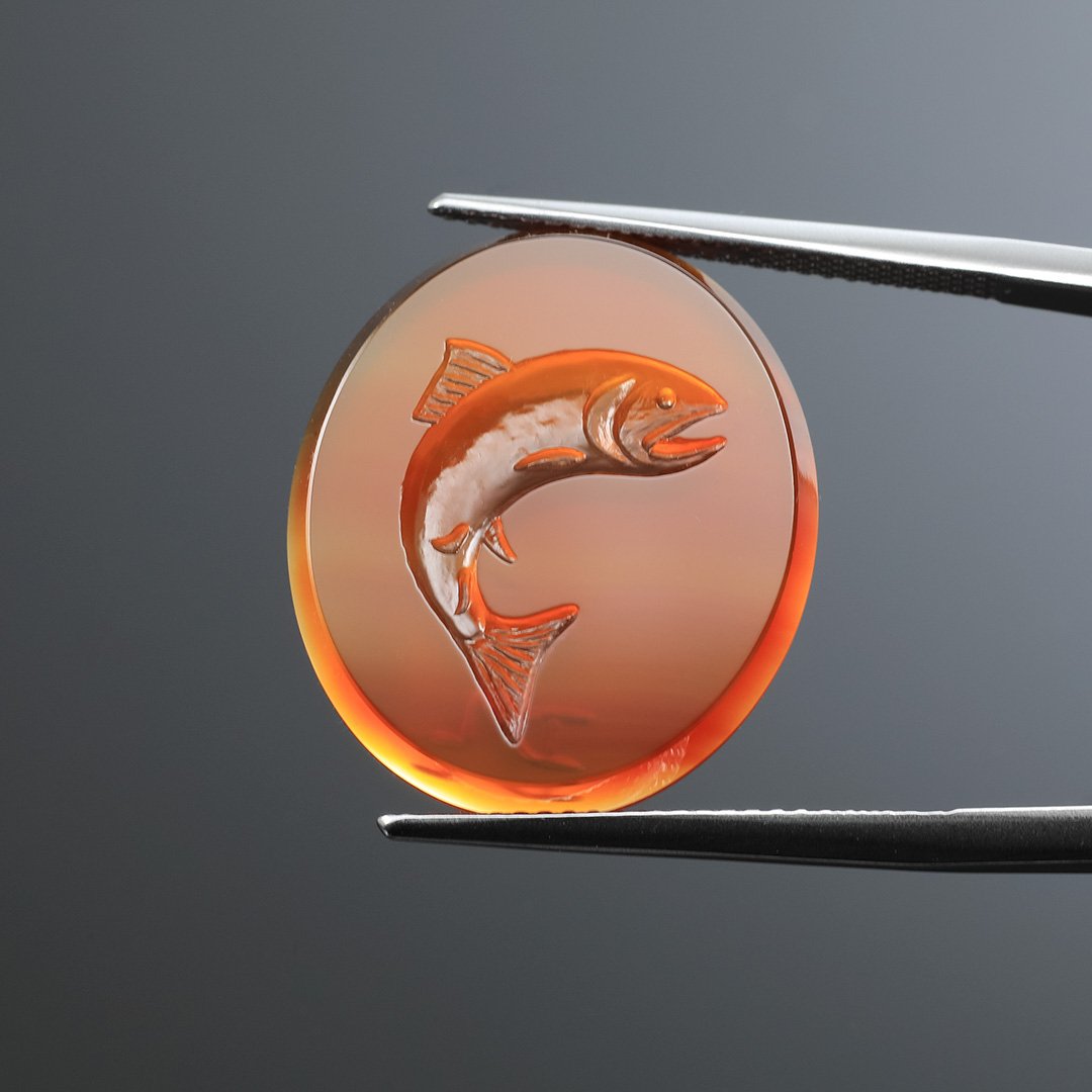 Carnelian - Reverse Intaglio Oval - Trout - 10.79ct