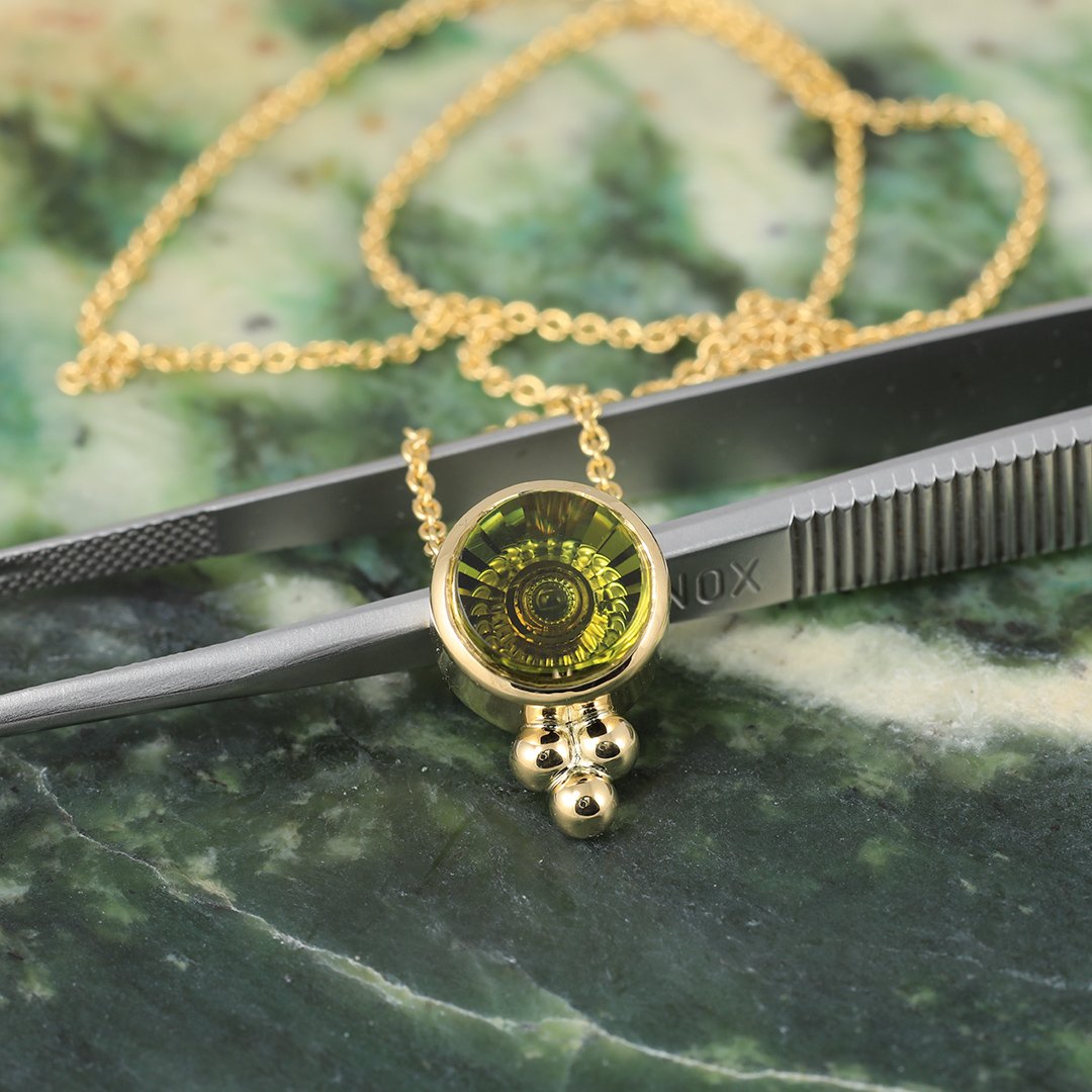 Bespoke Gems - Green Tourmaline with 18K Yellow Gold - Chrysanthemum Pendant by Doug Menadue