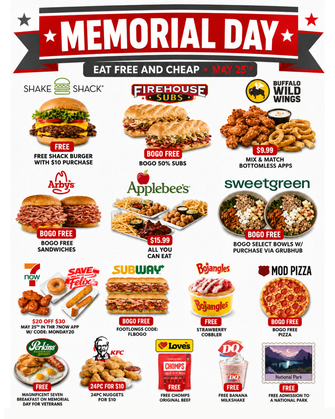 Memorial Day Eat Free and Cheap! 🇺🇸