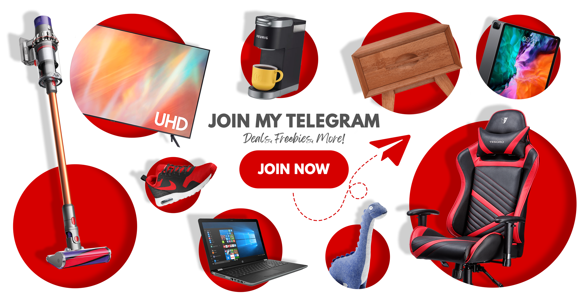 Red circles containing various electronic and gaming products such as a vacuum cleaner, TV, coffee machine, wooden shelf, smartphone, gaming chair, laptop, and sneaker, with text encouraging joining a Telegram group for deals, freebies, and more.
