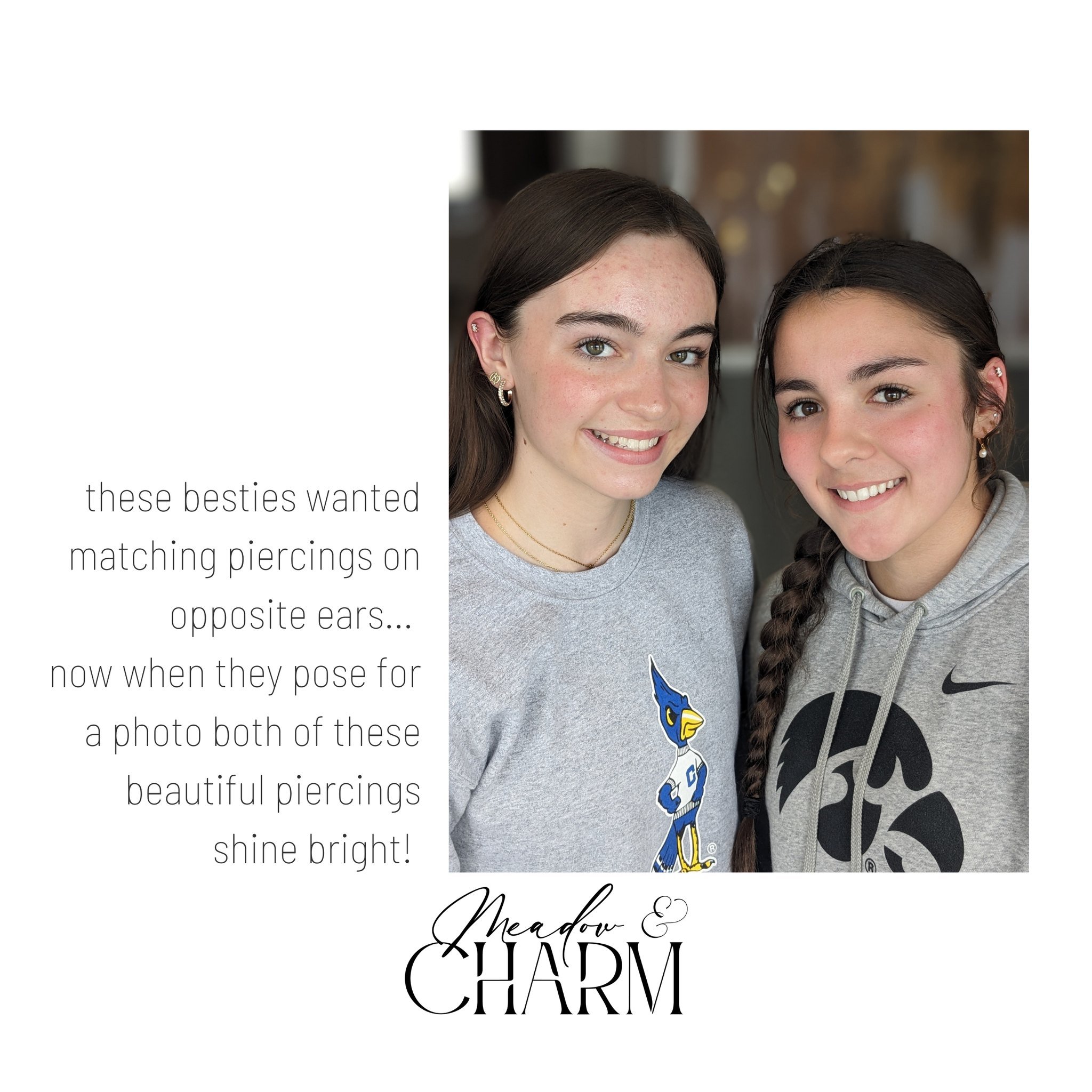 How sweet are these besties? They had a plan and we are honored they chose Meadow and Charm for their matching helix piercings! 
.
Book your appointment now at www.meadowandcharm.com