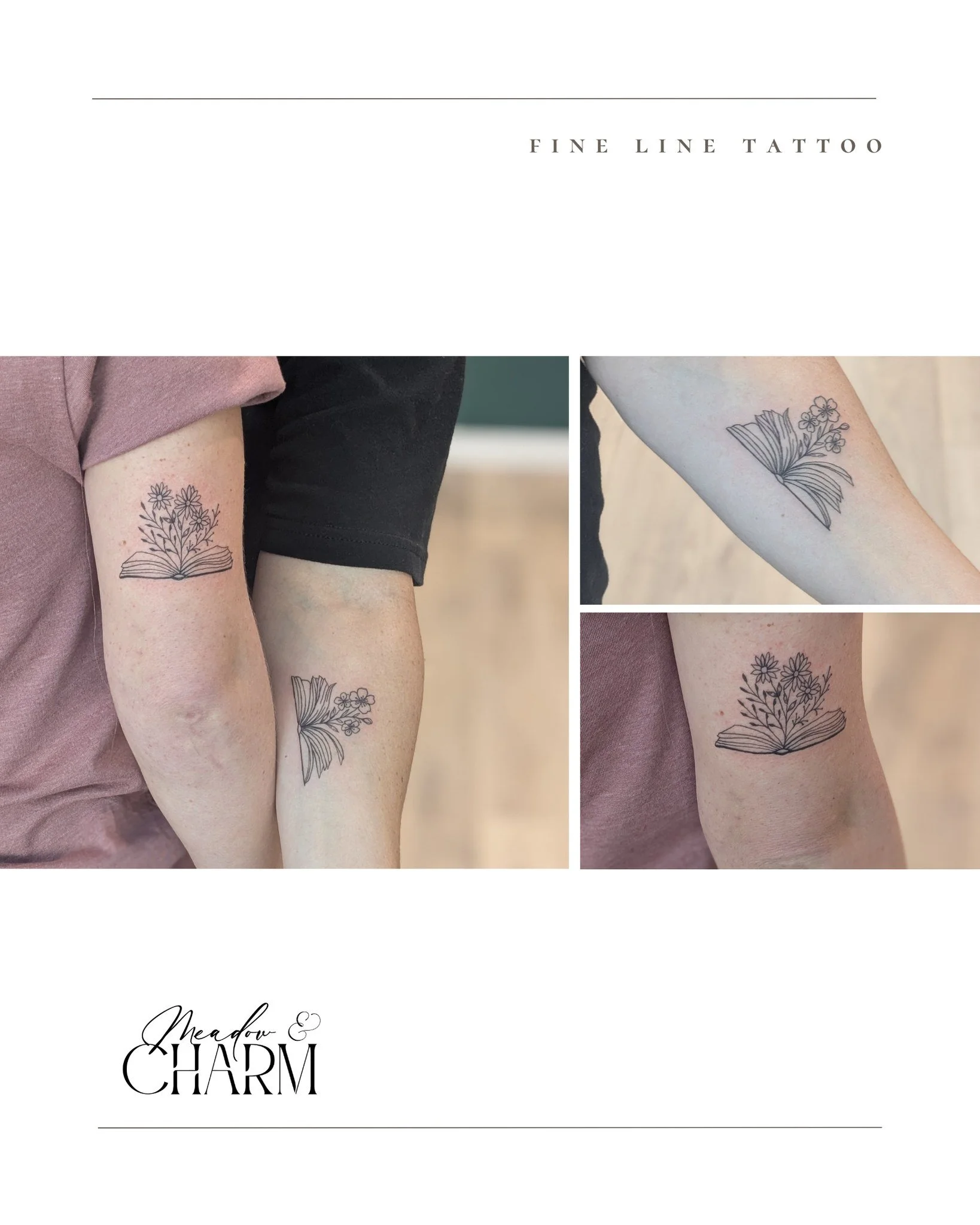 How perfect is this tattoo set?! Different books, different flowers, but the same concept shared among friends. 
Tag your bestie below and book your appointment at www.meadowandcharm.com