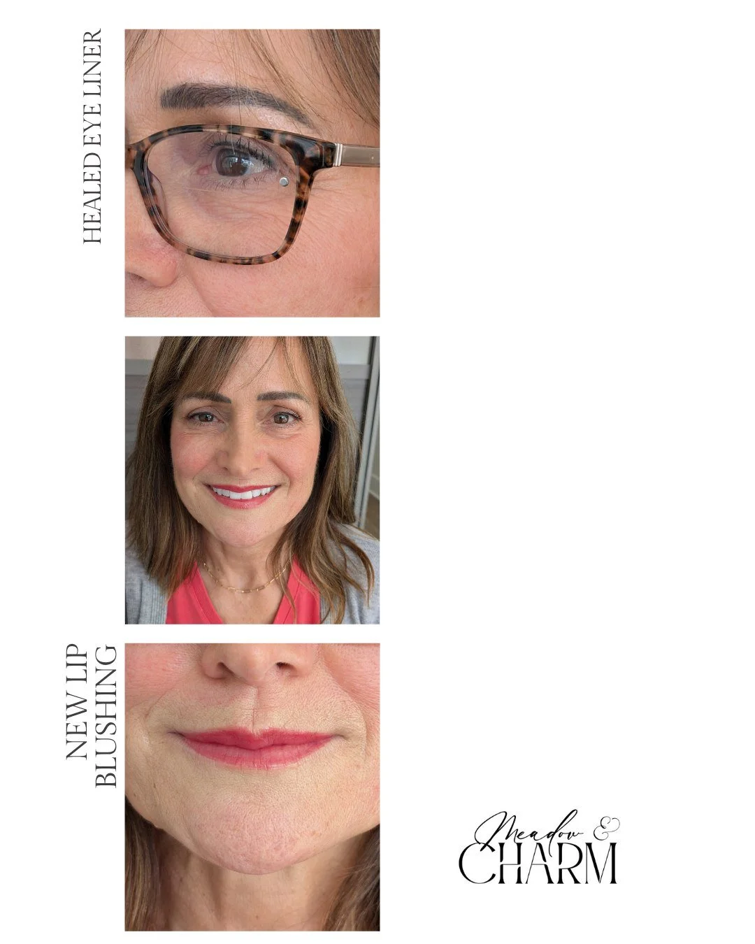 Our STUNNING client showing off her healed eye liner and NEW lip blushing! Imagine how easy it would be to get ready each morning! 
Book your appointment now at www.meadowandcharm.com