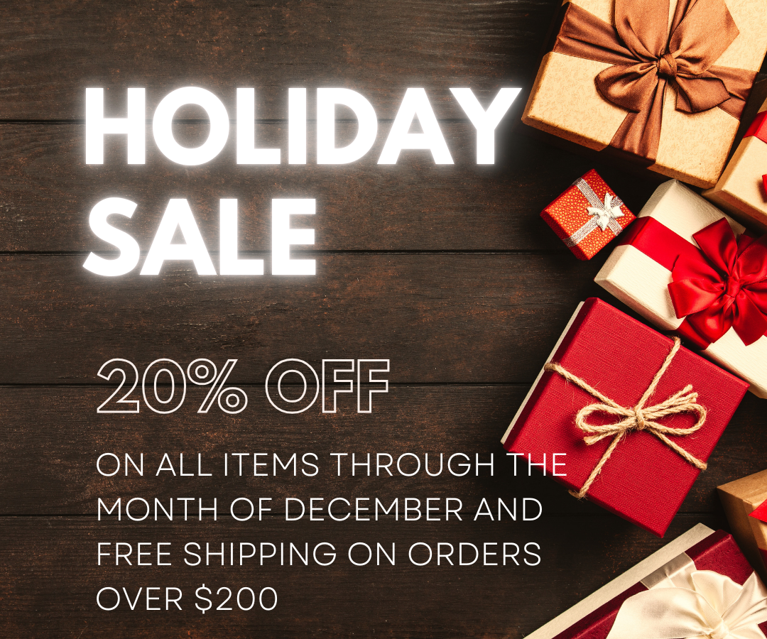 Holiday sale announcement with wrapped Christmas presents on a dark wooden background.