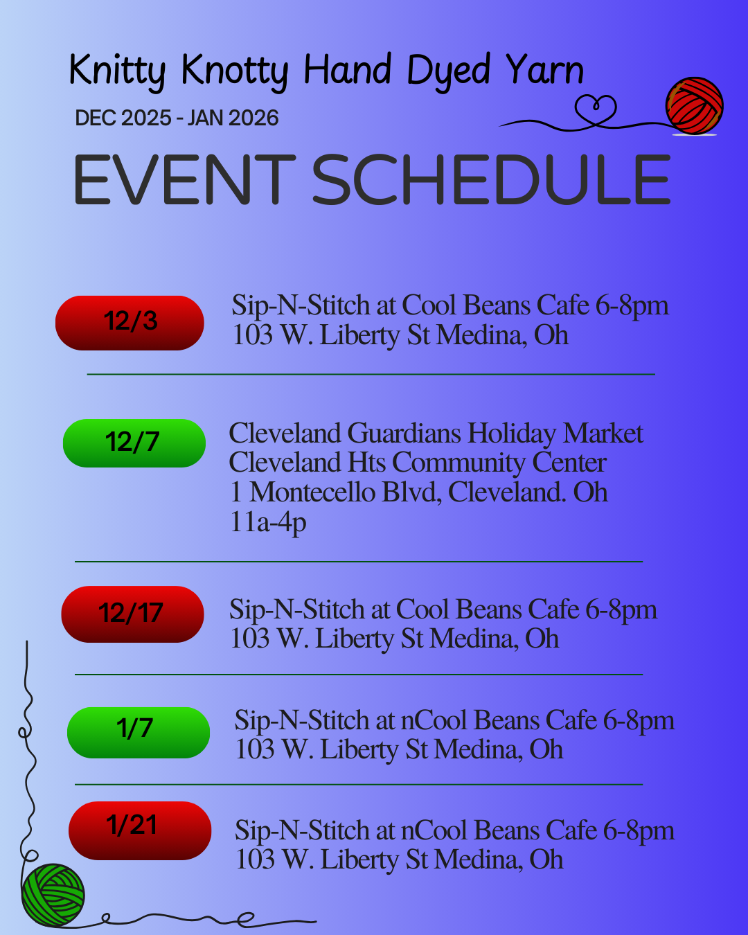 Event schedule poster for Knotty Knotty Hand Dyed Yarn, featuring dates and locations for knitting events at Cool Beans Cafe, Cleveland Guardians Holiday Market, and nCool Beans Cafe, with colorful yarn and knitting symbols.