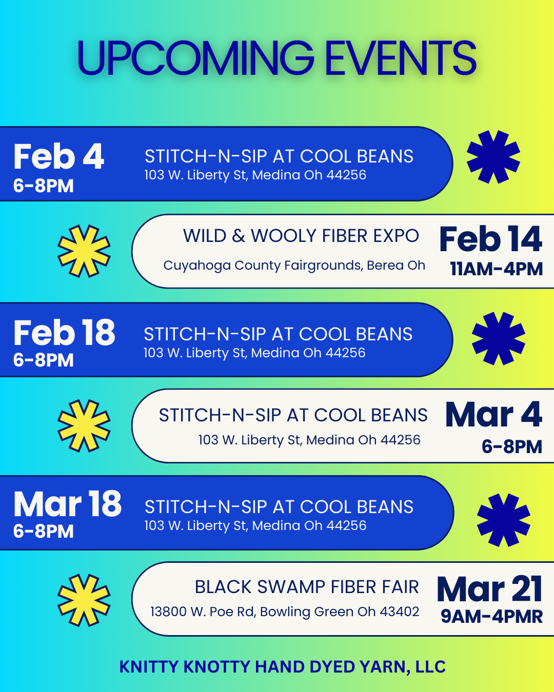 Upcoming events list for Knitty Knott Hand Dyed Yarn, LLC, including craft and fiber fairs in February and March with dates, times, and locations, decorated with blue and yellow snowflake icons.