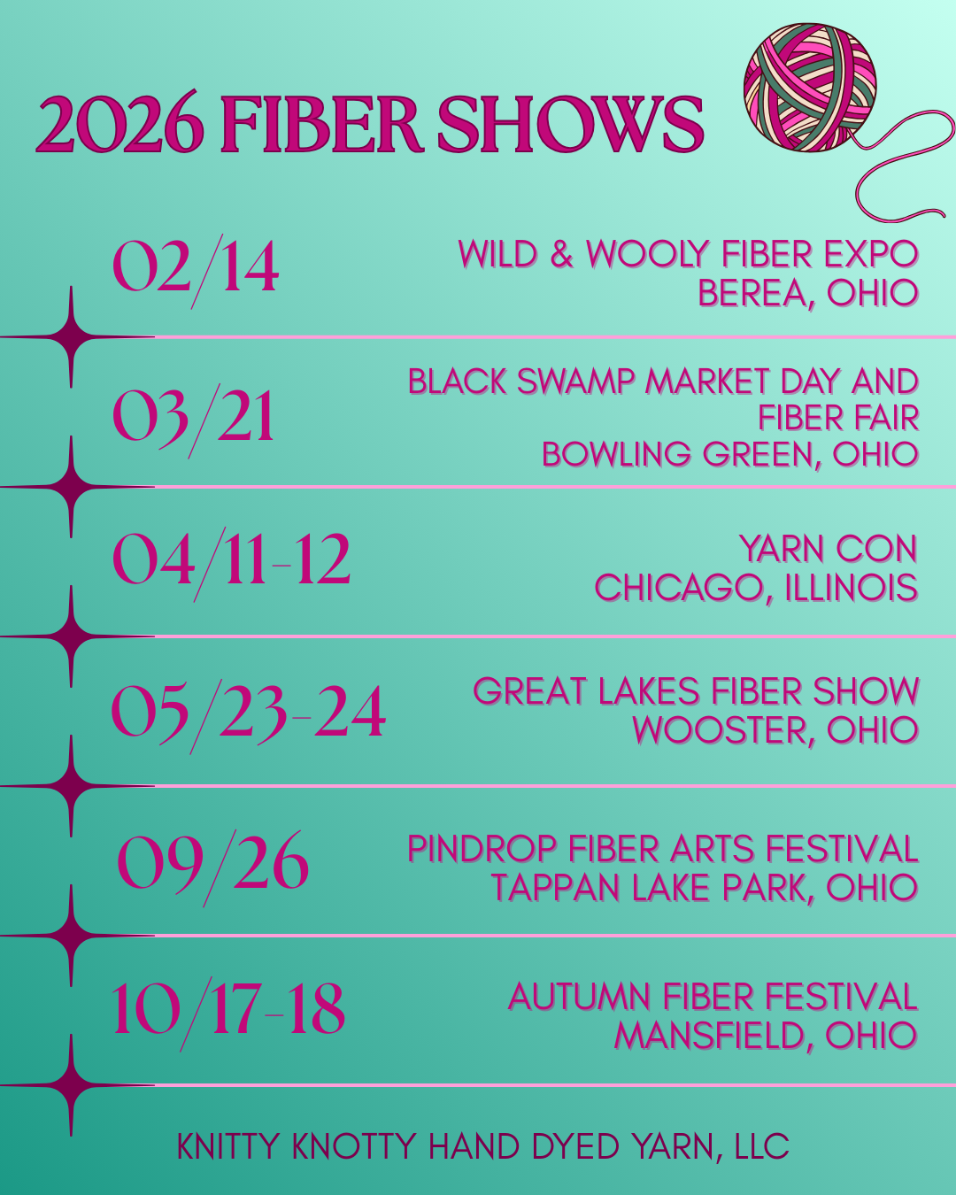 Event schedule for 2026 Fiber Shows, including dates, locations, and event names such as Wild & Wooly Fiber Expo in Berea, Ohio, and Autumn Fiber Festival in Mansfield, Ohio, with a graphic of a colorful yarn ball in the top right corner.