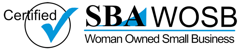 Logo with a circular checkmark and the words 'Certified SBA WOSB Woman Owned Small Business' indicating certification status.