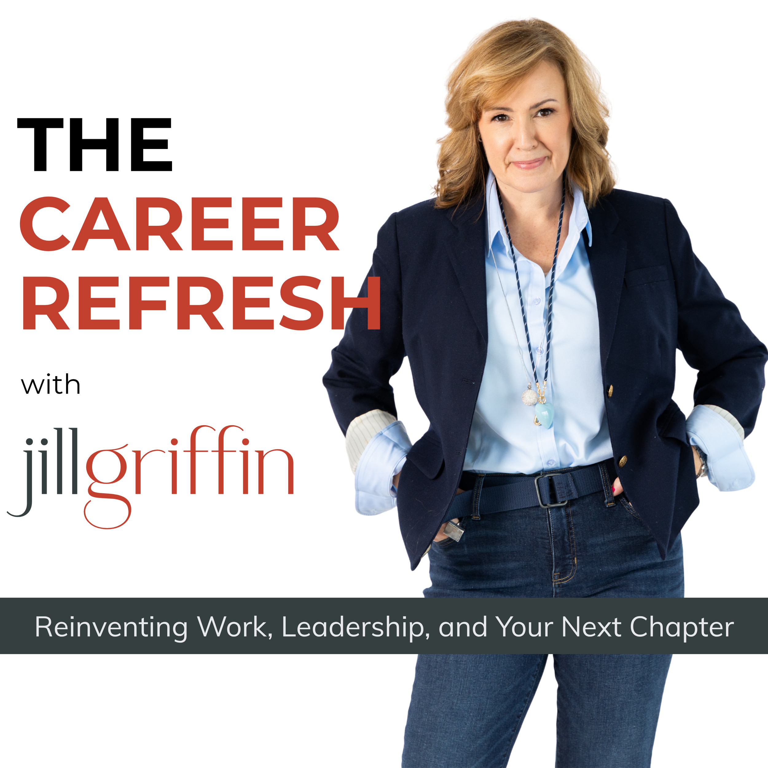 Book cover featuring a woman with shoulder-length blonde hair wearing a navy blazer over a light blue shirt, standing next to large red and black text that reads 'The Career Refresh'.