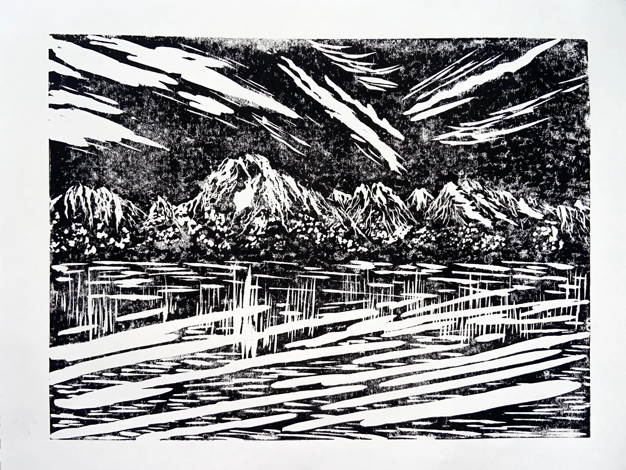 Tetons on the Lake, 2026, linoleum cut, 9x12"