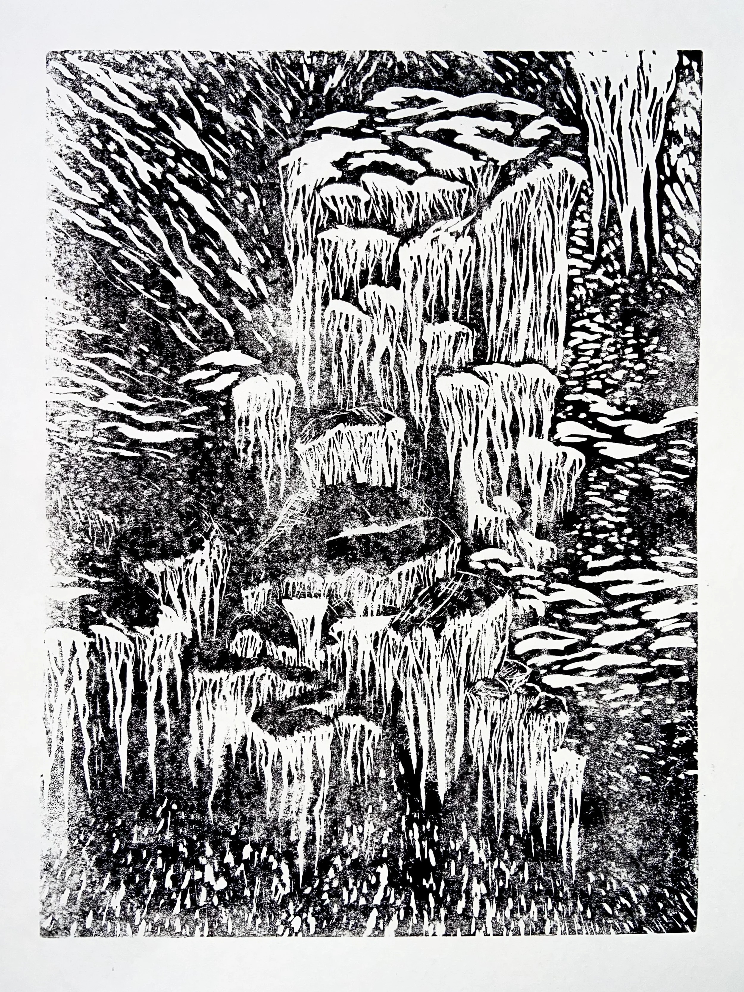Formations and Fissures, 2026, linoleum cut, 9x12"
