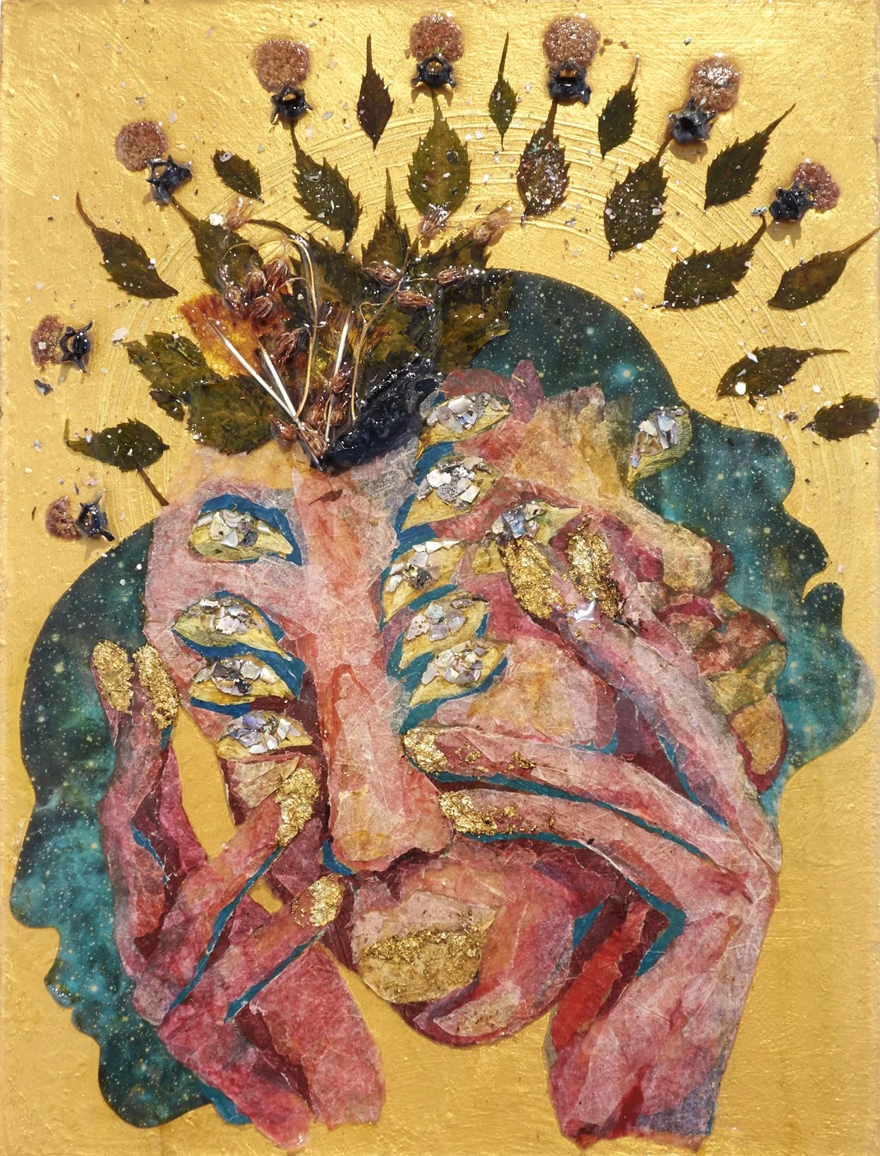 "Glory", 2018.
Medium: Paper, Plants, Resin, Abalone, Magazine Images, Bones, and Pigment on Wood Panel.
Dimensions: 16”x12”