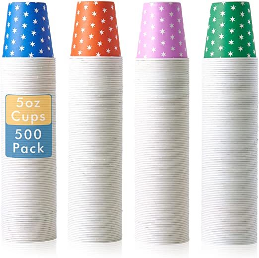 Picture of stacks of colorful paper cups.