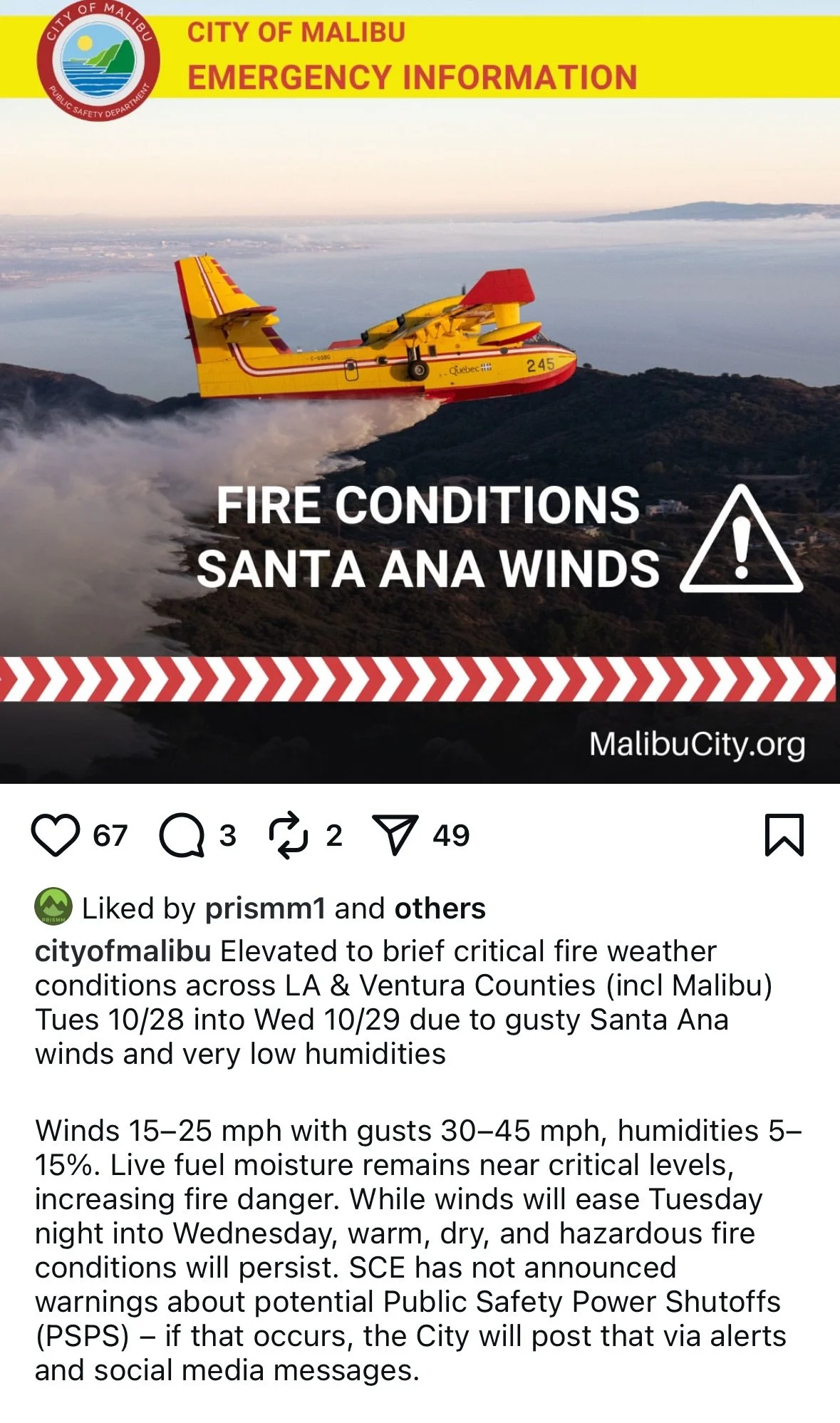 Alert: Fire Conditions and Santa Ana Winds