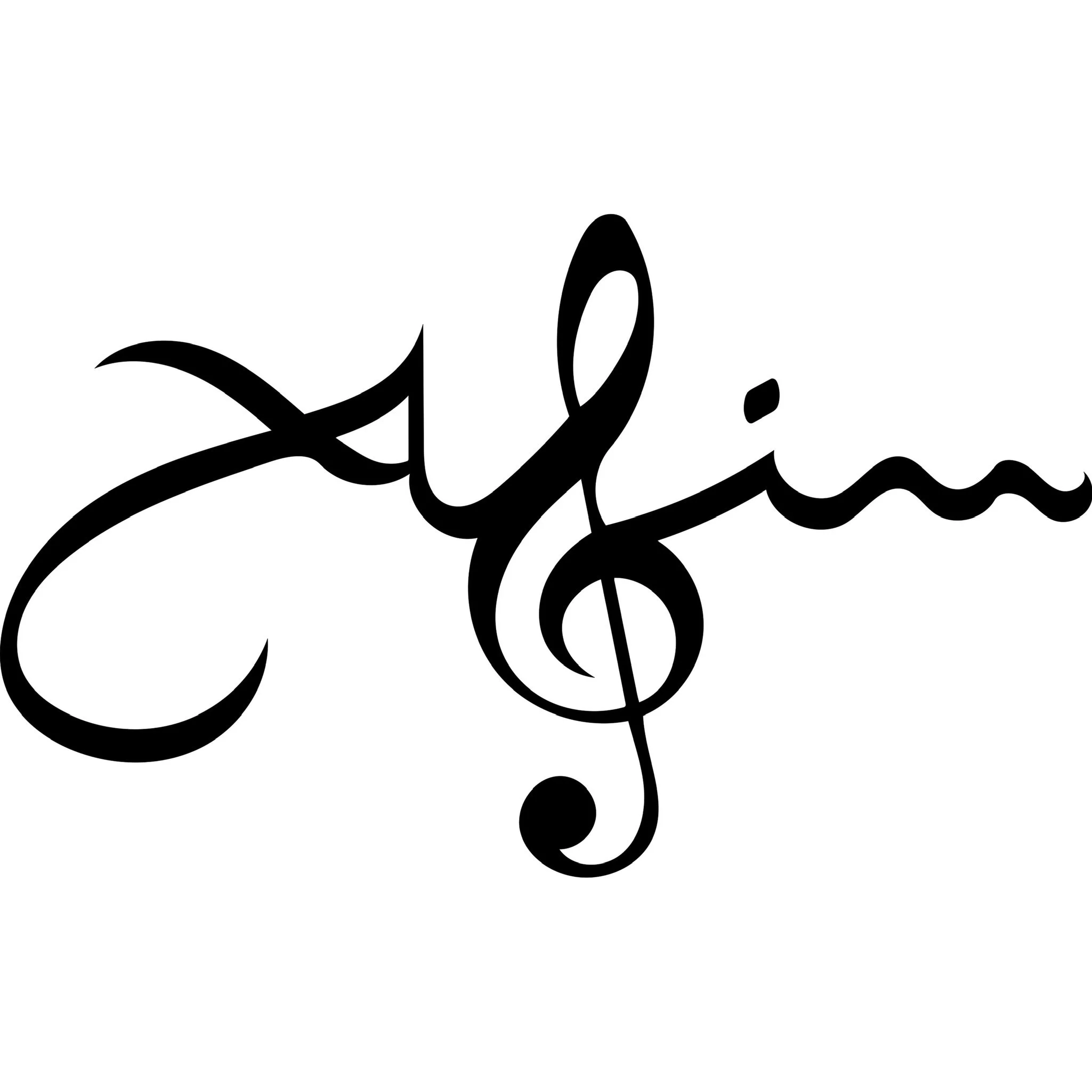 Word 'music' written in black, cursive font with a treble clef replacing the letter 'm'.