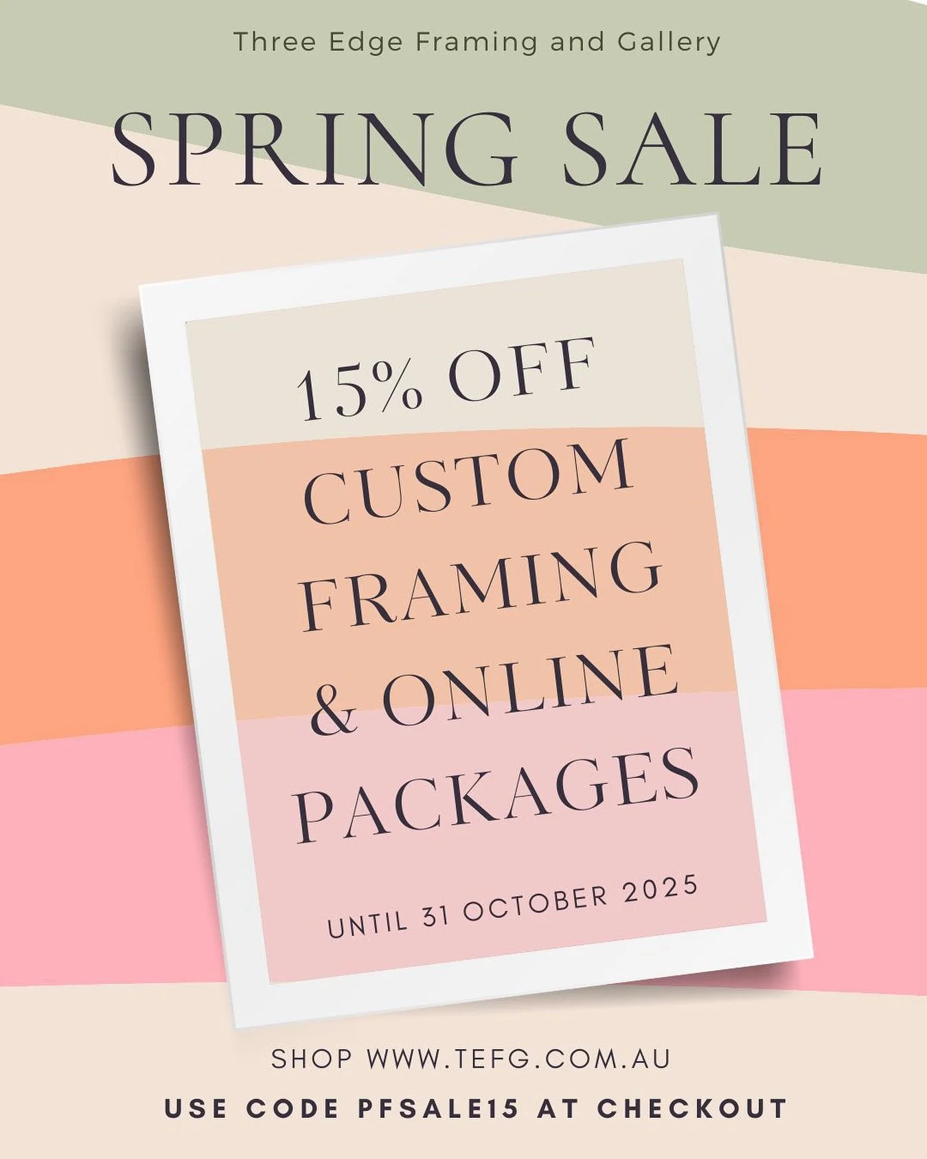 Three Edge&rsquo;s Spring Sale is on now until end of October! 

🌼Free consultations with trade-qualified framing experts 
🌼Explore over 1000 frame samples and many matting options on display
🌼Bring in your favourite artworks, prints, jerseys, spe