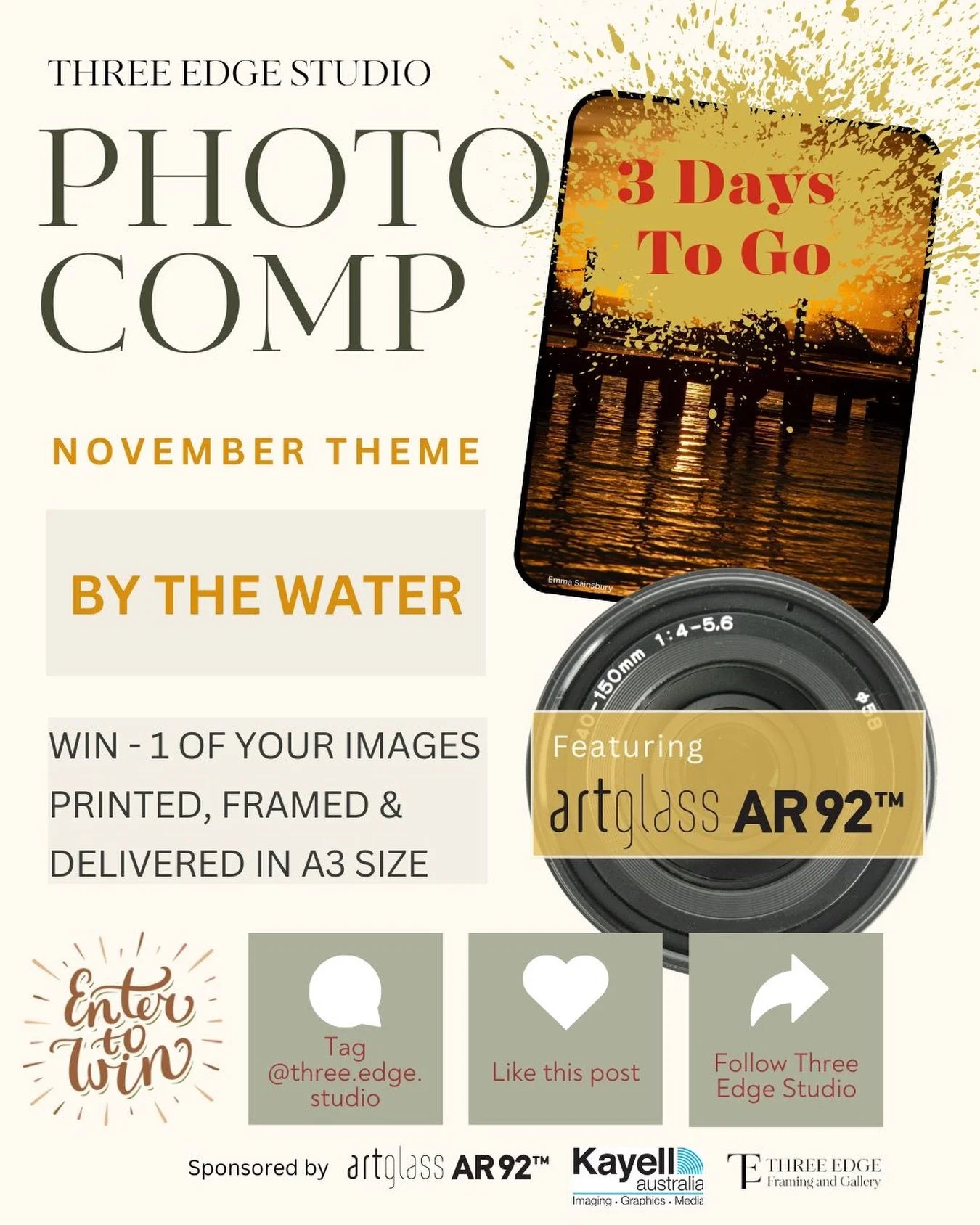 ⭐️Photo Comp Reminder &amp; Guest Judge Announcement! 

📍Entries close 12noon this Saturday 29 November
💌Winner announced by 5pm on Sun 30 November 2025. 
📷Tag @three.edge.studio ON your image for this month&rsquo;s theme &lsquo;By the Water&rsquo