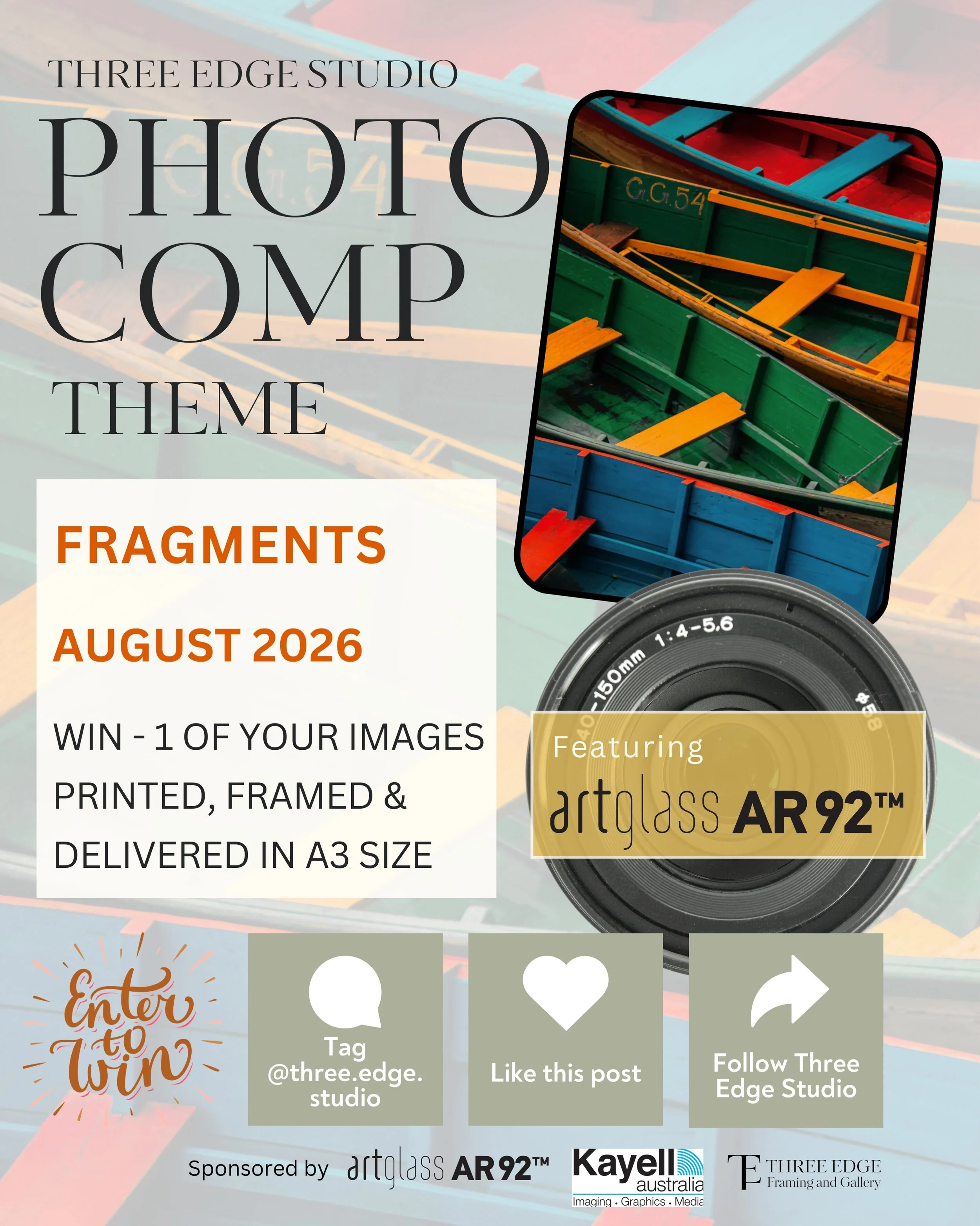 Three Edge Studio is excited to announce our National Monthly Photography Comp is now open, and the August 2026 theme is FRAGMENTS - Close ups &amp; Details. Challenge yourself to look closer at textures, patterns, colours found in nature, architectu