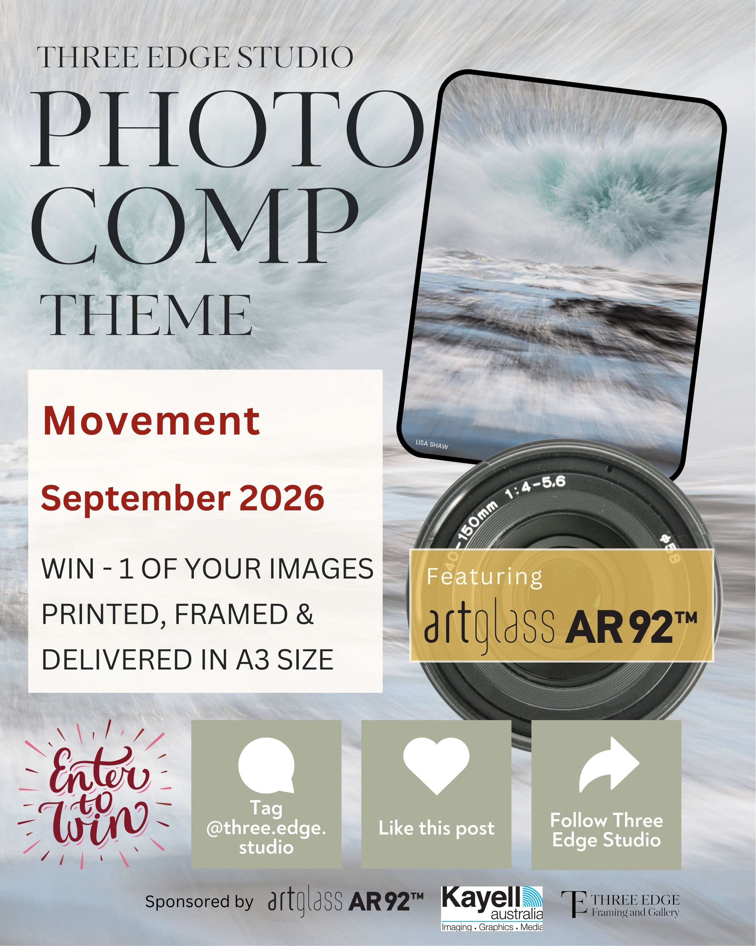 Three Edge Studio is excited to announce our National Monthly Photography Comp is now open, and the September 2026 theme is Movement.

Explore movement in all its forms. Freeze a moment of action or use intentional camera movement (ICM) to transform 