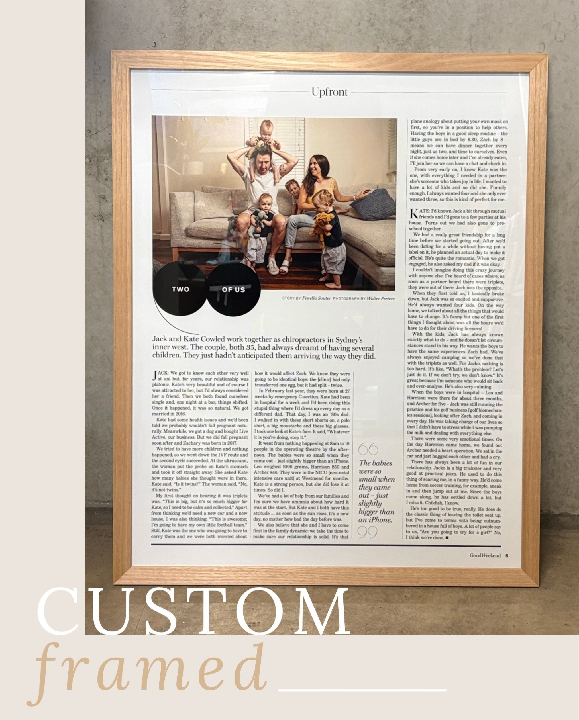 Some life stories deserves a special place on the wall❤️
It was such a pleasure seeing this beautiful family&rsquo;s magazine article about their journey to parenthood come to life in print and framing. 

The warmth of the natural timber and print in