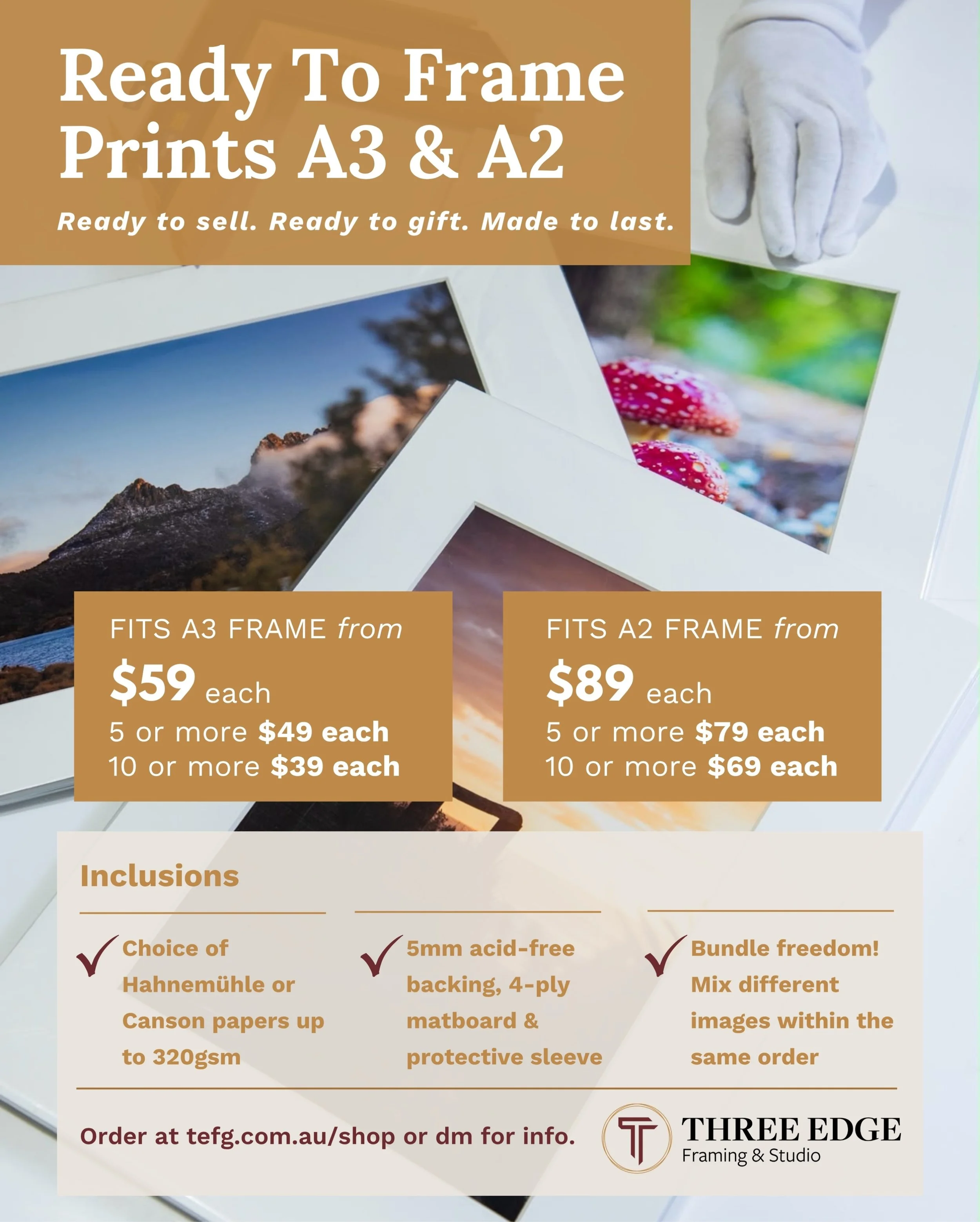 Your images, beautifully presented and ready to sell, gift or frame. Ready To Frame prints by Three Edge Studio are here!

Whether you&rsquo;re a photographer looking for convenient, high-quality mounted prints or wanting to bring a favourite photo f