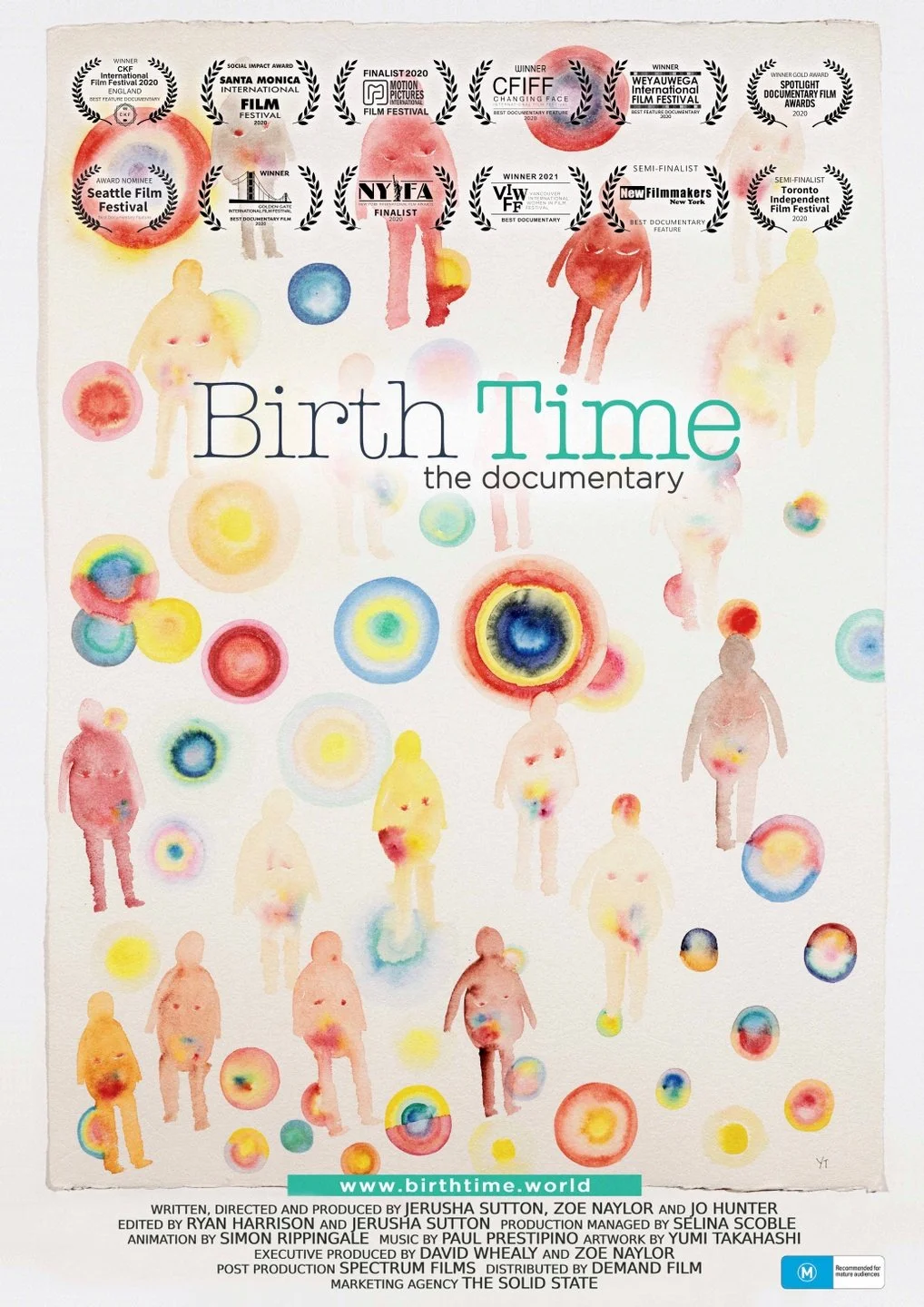 The poster for the documentary "Birth Time" features watercolor illustrations of pregnant women and pastel-colored circles. It displays multiple film festival awards and nominations at the top, and the website www.birthtime.world at the bottom.