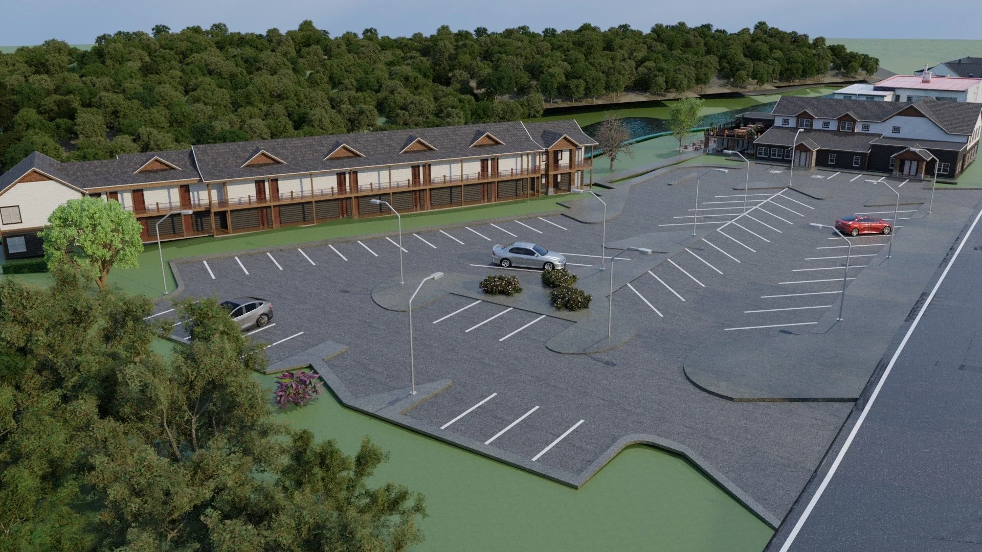 "Hotel WIP 4" - An early render of a project for a hotel being built using real-world map data. Used as a teaching tool.
Software used: Blender, Cycles, Google Earth, Google Maps