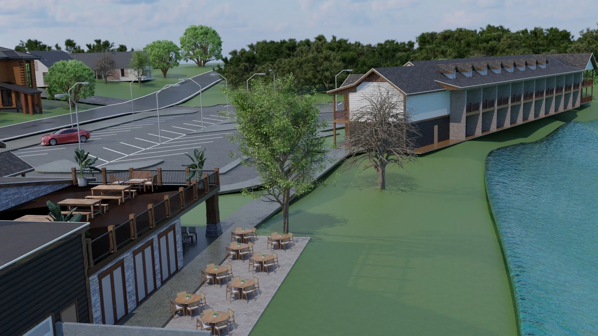 "Hotel WIP 1" - An early render of a project for a hotel being built using real-world map data. Used as a teaching tool.
Software used: Blender, Cycles, Google Earth, Google Maps