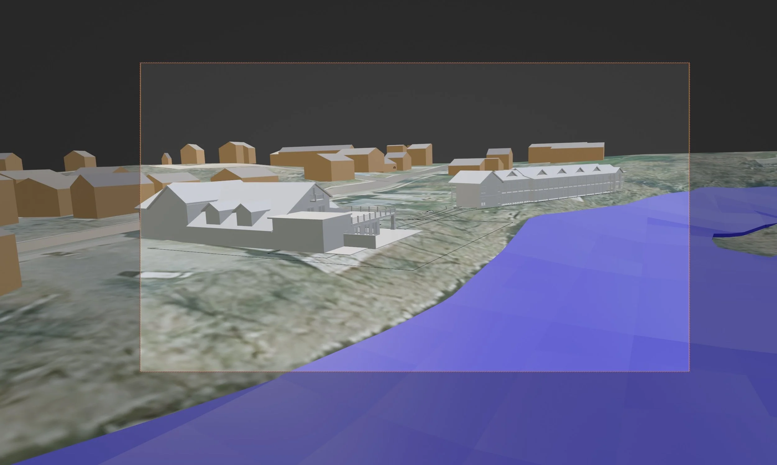 "Hotel WIP 2" - An early render of a project for a hotel being built using real-world map data. Used as a teaching tool.
Software used: Blender, Google Earth, Google Maps