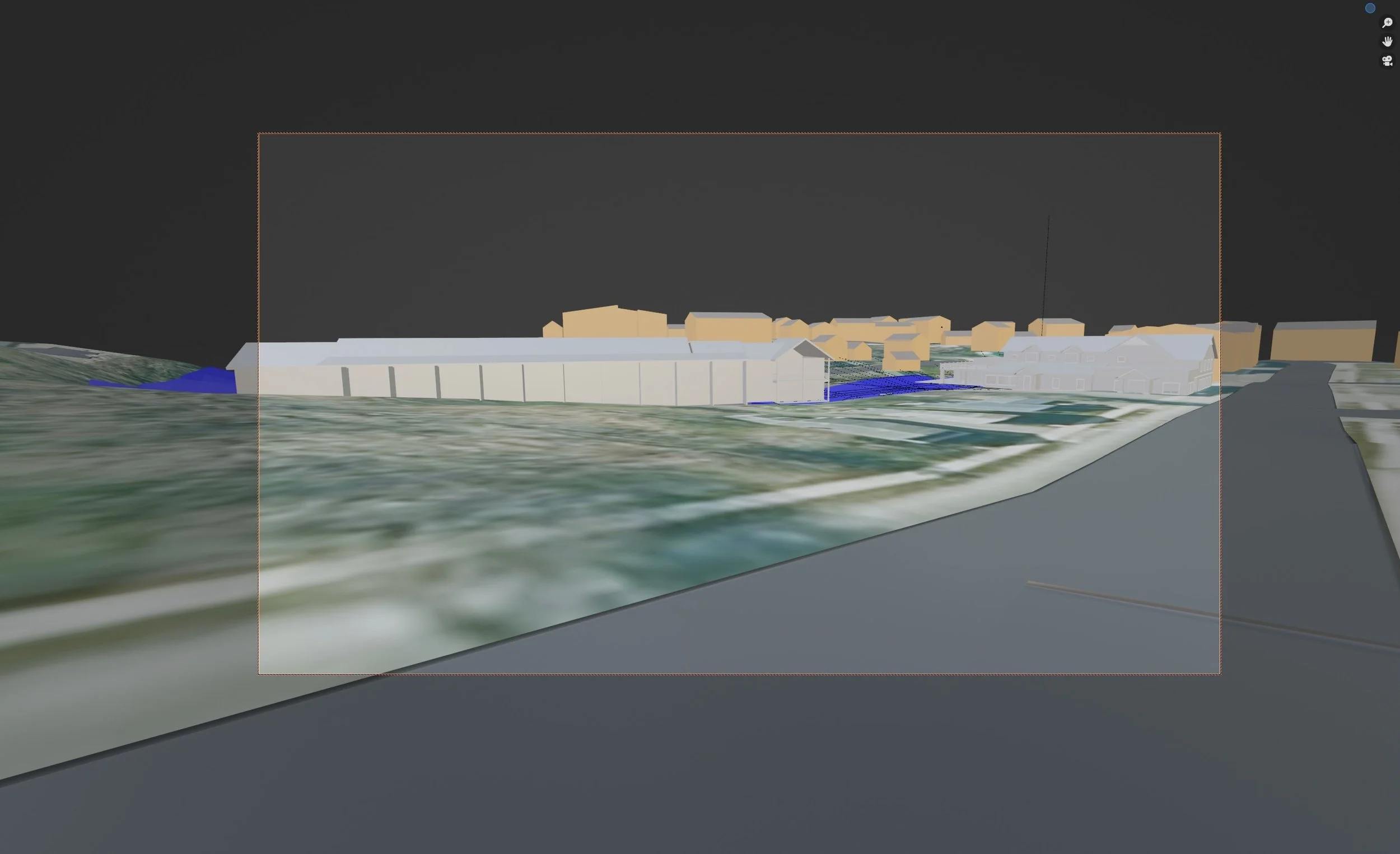 "Hotel WIP 3" - An early render of a project for a hotel being built using real-world map data. Used as a teaching tool.
Software used: Blender, Google Earth, Google Maps