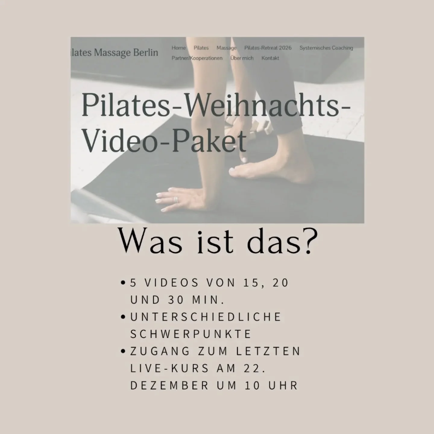 Auch die Feiertage m&uuml;ssen keine Pause in eurem Pilates-Training bedeuten. Ab heute k&ouml;nnt ihr das Weihnachtspaket buchen. 
Damit habt ihr Zugang zu dem letzten Online-Kurs des Jahres und f&uuml;nf Videos, die ihr perfekt von unterwegs und zw