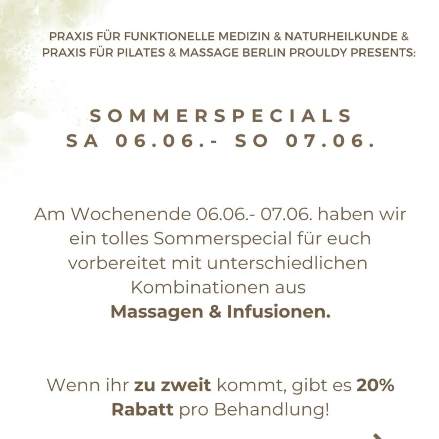 Am Wochenende 06./07. Juni haben meine Kollegin @bewusstundmunter und ich wieder etwas besonderes f&uuml;r euch:

Die Kombination aus Massage und Infusion wirkt rundum auf den K&ouml;rper - von innen und au&szlig;en. 
Sucht euch eure Kombi aus und er