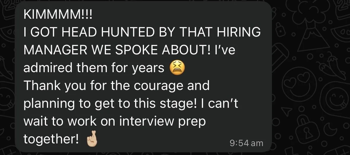 A digital screenshot of a WhatsApp message expressing excitement about getting a job interview. The message mentions being head hunted by a hiring manager, admiration for the manager, gratitude for the opportunity, and anticipation for preparing for the interview.
