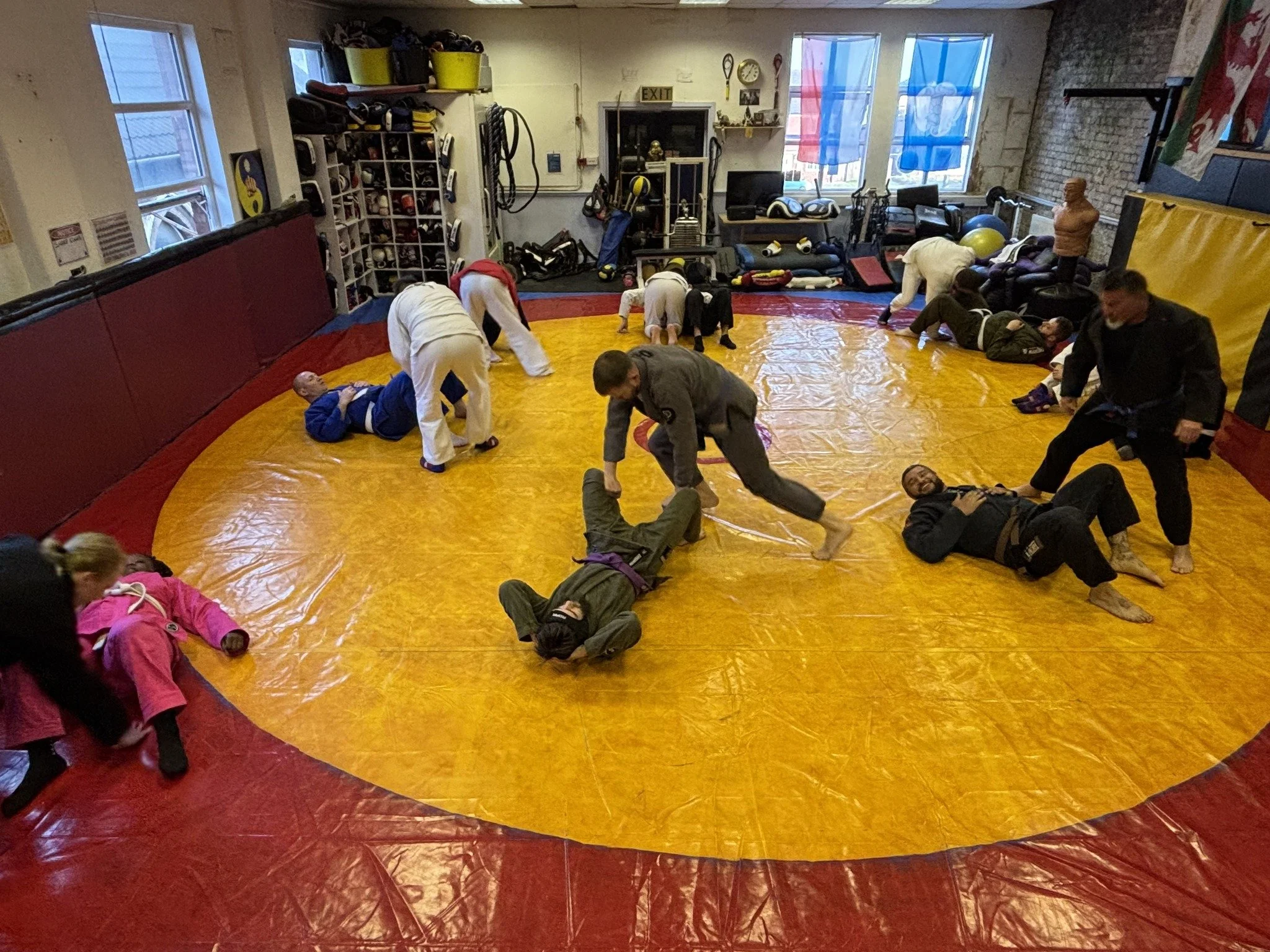 Group of people practicing Brazilian Jiu-Jitsu in a martial arts gym, with some demonstrating techniques on mats.