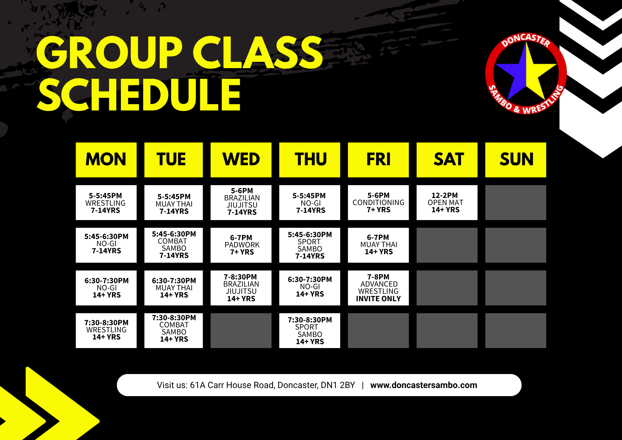 Weekly group class schedule for Doncaster Sambo & Wrestling. Classes include wrestling, Muay Thai, Brazilian Jiu Jitsu, No-Gi, combat Sambo, padwork, and advanced wrestling, with age groups specified. The schedule runs from Monday to Sunday with the respective times and age groups listed for each class. The logo of Doncaster Sambo & Wrestling is in the top right corner, and a website address is at the bottom.