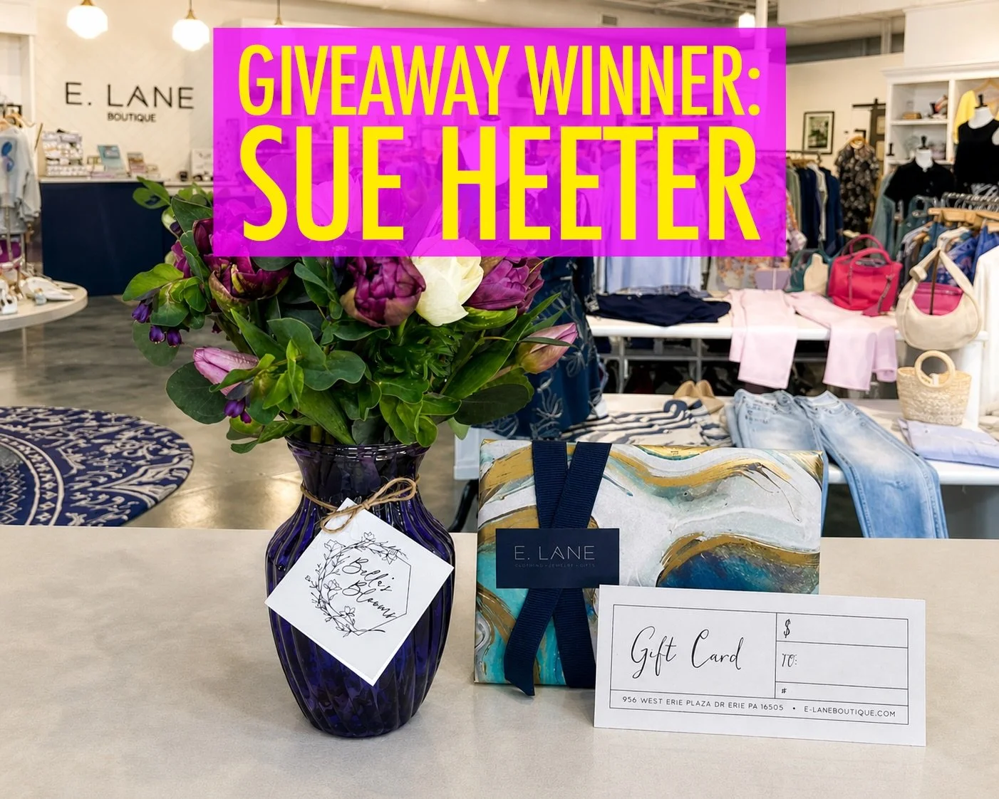 We have a winner for our joint giveaway with @elaneboutique!

Congratulations to Sue Heeter! Your prizes will be available for pickup tomorrow, 5/9 at @elaneboutique in @westerieplaza!

Thank you to everyone who participated and showed our small busi