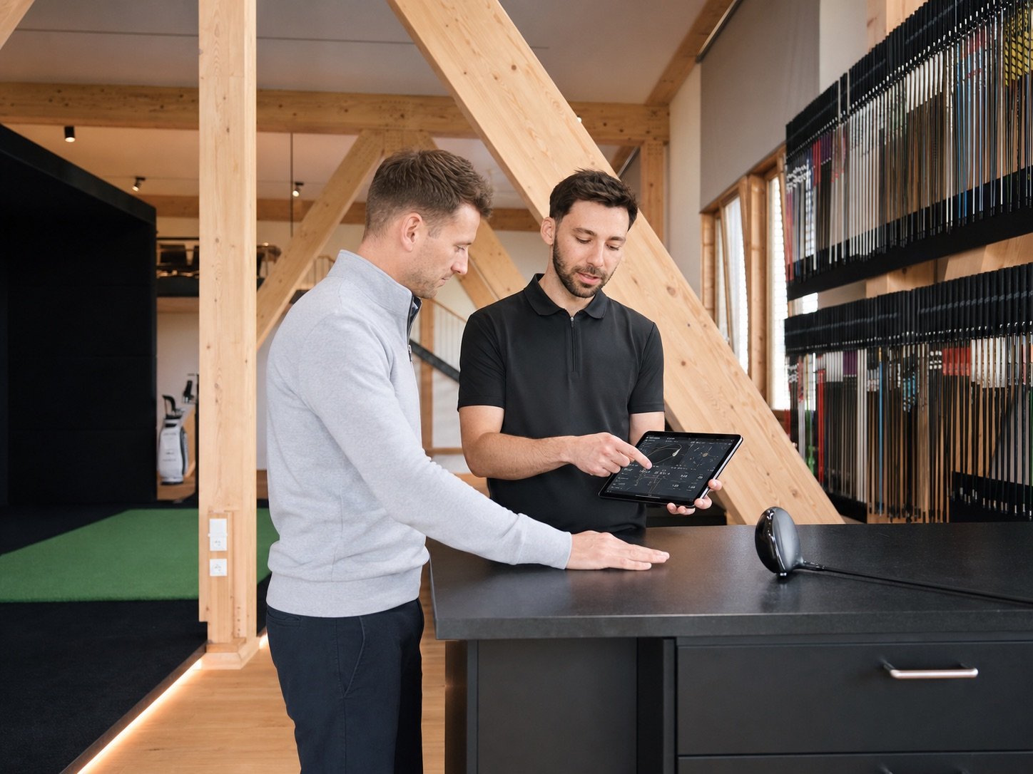 Jonas Weiss erklärt einem Kunden die Messdaten beim Driver-Fitting im Weiss-Golf-Studio in Rosenheim.